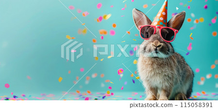 Happy birthday card concept. Rabbit with party hat and sunglasses celebrating birthday, carnival, New Year's eve, sylvester or other festive celebration 115058391