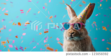 Happy birthday card concept. Rabbit with party hat and sunglasses celebrating birthday, carnival, New Year's eve, sylvester or other festive celebration Happy birthday card concept. Rabbit with party hat and sunglasses celebrating birthday, carnival, New Year's eve, sylvester or other festive celebration 115058392