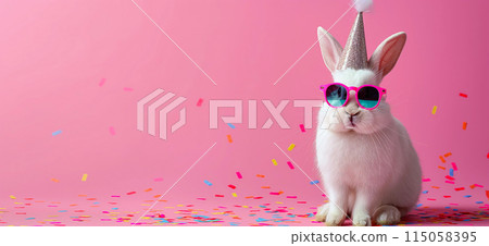 Happy birthday card concept. Rabbit with party hat and sunglasses celebrating birthday, carnival, New Year's eve, sylvester or other festive celebration 115058395