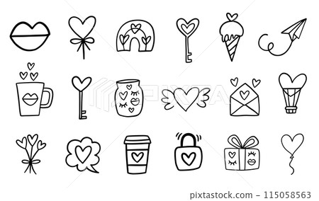 Valentines Day Doodle Icons Set. Romantic Love Valentines Day Doodle Icons Set. Romantic Love 115058563