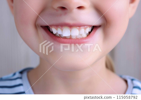 Close-up of the mouth of a happy baby girl smiling widely, revealing her beautiful white teeth. Pediatric dentistry concept 115058792