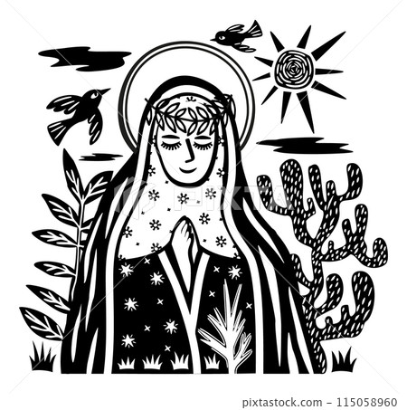 Our Lady. Brazilian cordel style. Northeast woodcut style. Virgin Mary vector 115058960