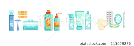 Skin Care and Moisturizing Cosmetic Product Tube with Pill and Razor for Teenager Vector Set 115059276