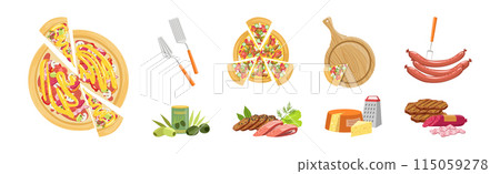 Pizza Cooking Ingredient and Product Item Vector Set Pizza Cooking Ingredient and Product Item Vector Set 115059278