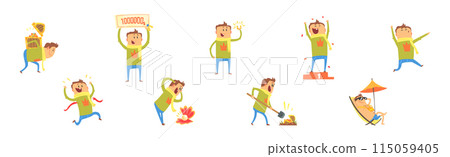 Lucky Man Character Win Fortune Vector Set 115059405