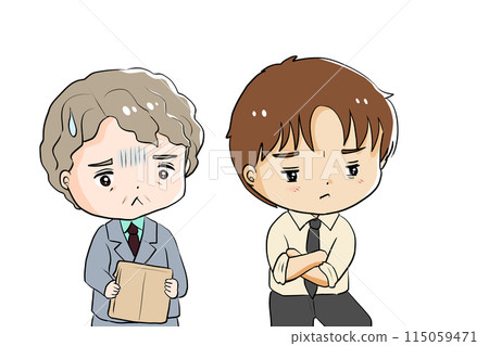 A boss with a pale face holding documents and a subordinate who ignores him 115059471