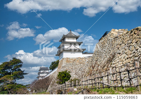 Akashi Castle's Tatsumi Tower stands tall on top of the stone walls Akashi Castle's Tatsumi Tower stands tall on top of the stone walls 115059863