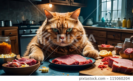 A big cat in the kitchen sits at the table and eats meat A big cat in the kitchen sits at the table and eats meat 115060204