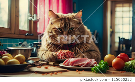 A big cat in the kitchen sits at the table and eats meat A big cat in the kitchen sits at the table and eats meat 115060233