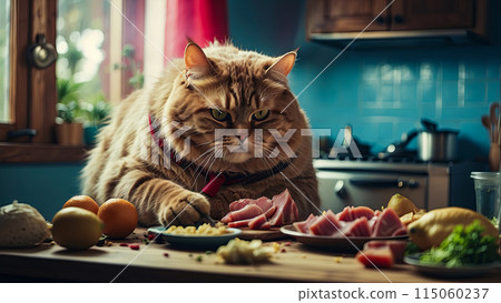 A big cat in the kitchen sits at the table and eats meat A big cat in the kitchen sits at the table and eats meat 115060237