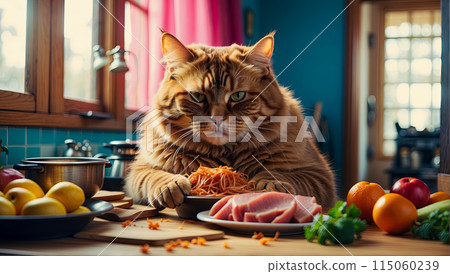 A big cat in the kitchen sits at the table and eats meat A big cat in the kitchen sits at the table and eats meat 115060239