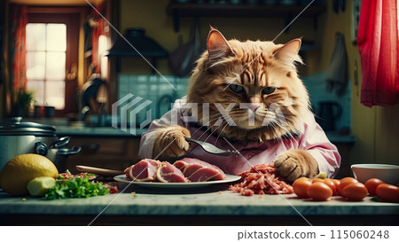A big cat in the kitchen sits at the table and eats meat 115060248