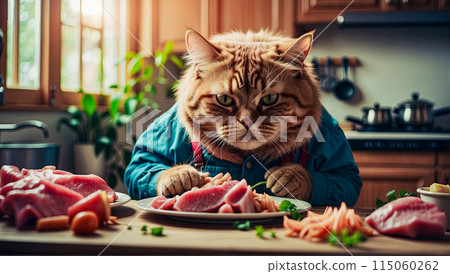 A big cat in the kitchen sits at the table and eats meat A big cat in the kitchen sits at the table and eats meat 115060262