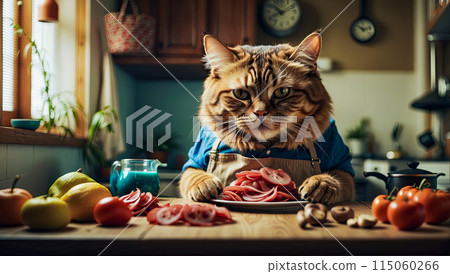 A big cat in the kitchen sits at the table and eats meat A big cat in the kitchen sits at the table and eats meat 115060266