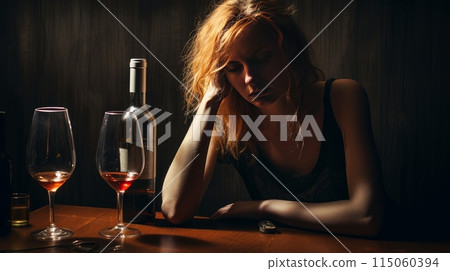 alcoholism, alcohol addiction and people concept - drunk woman or alcoholic woman drinking wine and spirits at home, alcohol problems. 115060394