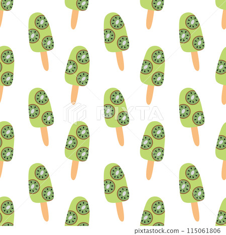 Seamless pattern. Ice cream with kiwi on stick. Summer time sweet food background. Vector flat illustration. Seamless pattern. Ice cream with kiwi on stick. Summer time sweet food background. Vector flat illustration. 115061806