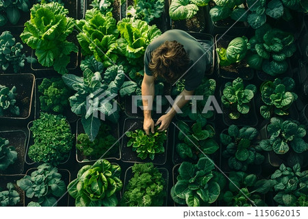 Lush and Vibrant Vegetable Garden with Overhead Perspective of Diligent Gardener Tending to Leafy Greens and Fresh Produce 115062015