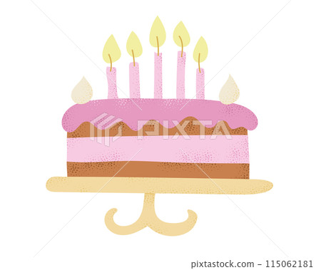 Birthday cake with burning candles and whipped cream in flat style with dotted texture and in candy pastel colors. Vector holiday illustration. Flat drawings isolated on white background Birthday cake with burning candles and whipped cream in flat style with dotted texture and in candy pastel colors. Vector holiday illustration. Flat drawings isolated on white background 115062181
