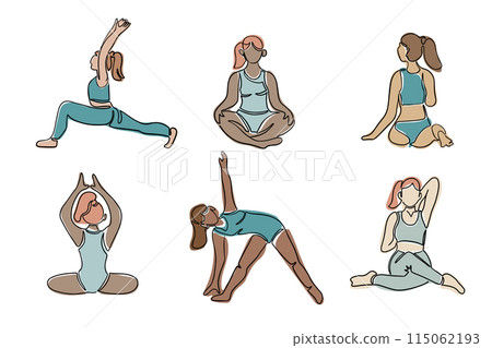 Set of Young diverse women in yoga poses. Boho style. Contour vector composition isolated on white background. Hand drawn single line icons of female body doing yoga exercises Set of Young diverse women in yoga poses. Boho style. Contour vector composition isolated on white background. Hand drawn single line icons of female body doing yoga exercises 115062193