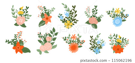 Set of flat hand drawn abstract floral compositions. Vector colored illustration isolated on white background. Unique print design for printout, poster, interior decor, stickers Set of flat hand drawn abstract floral compositions. Vector colored illustration isolated on white background. Unique print design for printout, poster, interior decor, stickers 115062196