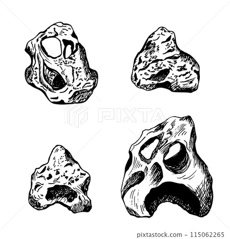 A set of sea stones. Graphic vector illustration isolated on white background. Hand drawn engraved style. For clip art package 115062265