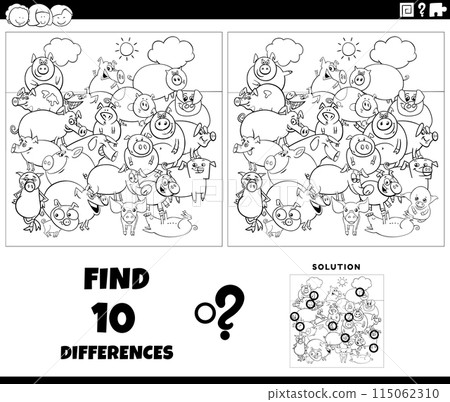 differences activity with cartoon pigs group coloring page 115062310