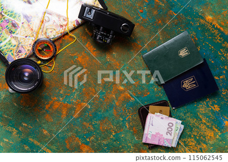 Personal documents, camera and map. Money and credit card. Tourism and travel. 115062545