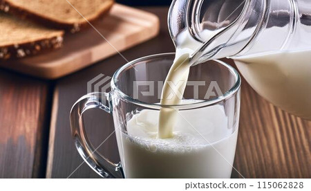 Fresh milk being poured into a glass Fresh milk being poured into a glass 115062828