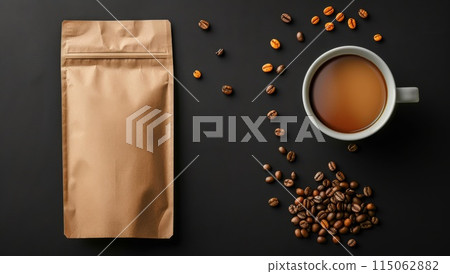 Coffee pack. Dark background with copyspace. Roasted beans and mockup bag template 115062882
