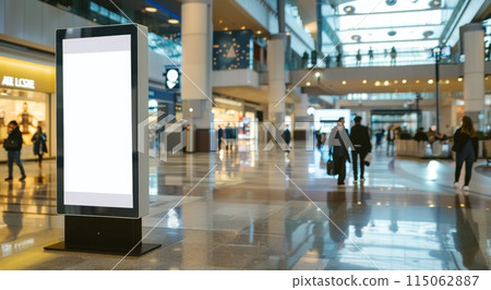 Empty banner in shop. White template mockup panel. Commercial business blank display. Modern signboard. Hall of mall center. Advertisement placard or billboard poster 115062887