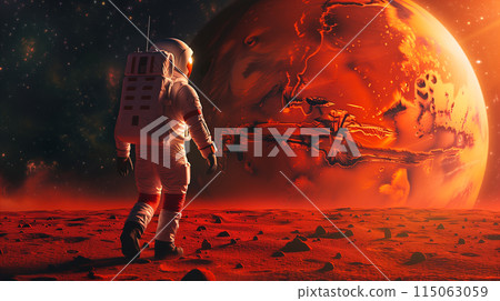 Space man walking on the red planet, space exploration mission. 115063059