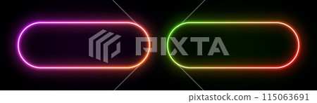 Light neon rectangle frame. Glow of the laser border. Led gradient banner. Rounded geometric elements for game design and advertising. 115063691