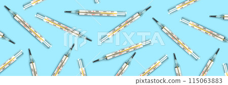 Mercury-in-glass thermometer creative pattern on blue background flat lay healthcare, treatment concept banner 115063883