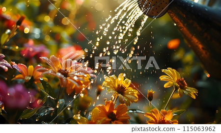 Sunlit Water Droplets Cascading Onto Vibrant Summer Flowers Showcasing Nature s Thirst Quenching Beauty 115063962