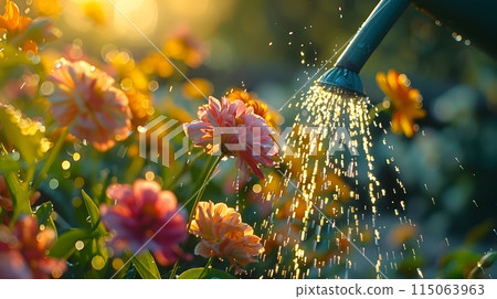 Sunlit Water Droplets Cascading onto Vibrant Summer Flowers Showcasing Nature s Thirst Quenching Beauty 115063963