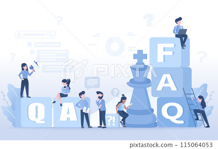 FAQ, question and answer concept. Business people survey, solve problems, analysis data, give opinions. people characters talking, searching, and discussing. Flat vector design illustration. 115064053