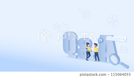 Frequently asked questions concept. Big symbol letter Q and A represent question, answer. Teamwork, searching, give opinions. Flat vector design illustration with copy space. 115064055