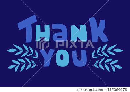 thank you lettering in blue colors with leaves, multicolored on white background thank you lettering in blue colors with leaves, multicolored on white background 115064078