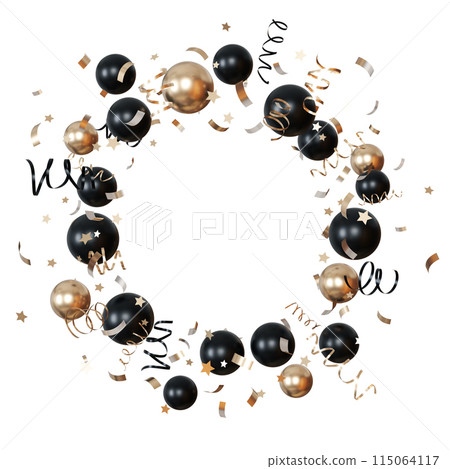 Black, gold balloons with festive confetti, stars perfect for glamorous celebrations, New Year's events. Circle with helium balloons, isolated on white background. Copy space in the middle. Frame. 3D. 115064117
