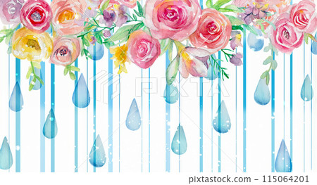 Colorful watercolor roses and rain background illustration 115064201