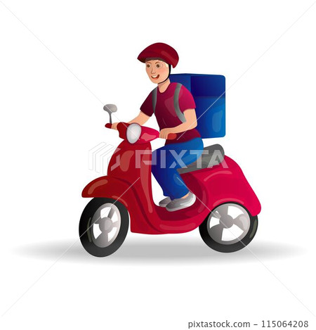 Food delivery service. A man on a scooter with a large bag on his back. Vector illustration. Food delivery service. A man on a scooter with a large bag on his back. Vector illustration. 115064208