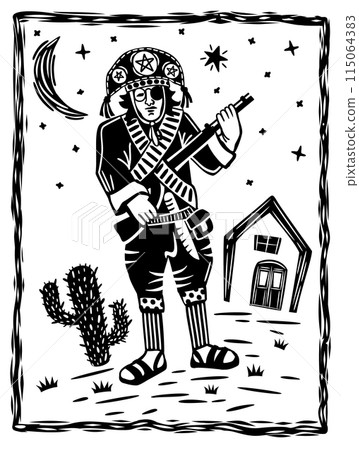 Lampiao. Bandit, folk hero of Brazil. Brazilian cordel style. Northeast woodcut style 115064383