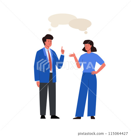 Business people meet and talk with each other. Chatting man and woman with speech bubbles. Dialogues between male and female characters Business people meet and talk with each other. Chatting man and woman with speech bubbles. Dialogues between male and female characters 115064427