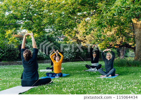 Female yoga class in park. Group of diverse women doing stretching pose exercising together with instructor on green grass lawn. Sport activity for health, wellbeing, mental health. Selective focus 115064434