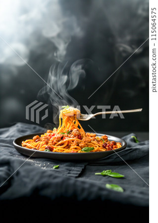 A plate of spaghetti with meat and vegetables is being eaten by a fork 115064575
