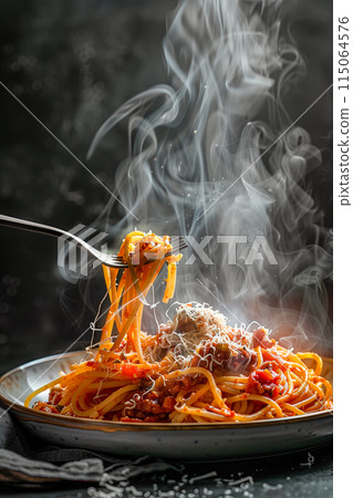 A plate of spaghetti with meatballs and cheese on top 115064576