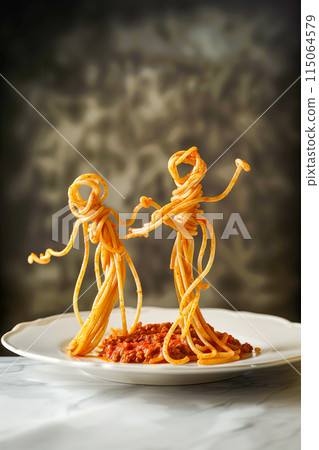 Two people made out of spaghetti on a plate with red sauce 115064579