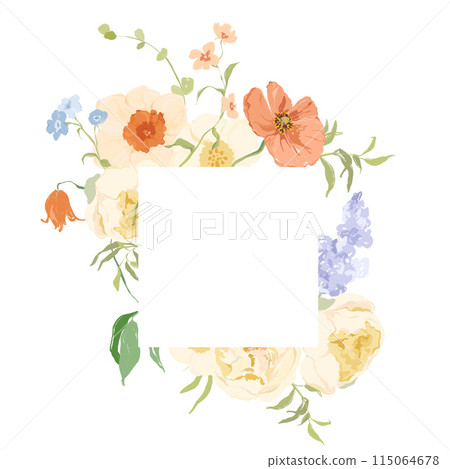 Watercolor abstract flower frame of narcissus, poppy, lilac and tulip. Hand drawn border of wildflowers isolated on white background. Holiday Illustration for design, print, fabric or background. 115064678