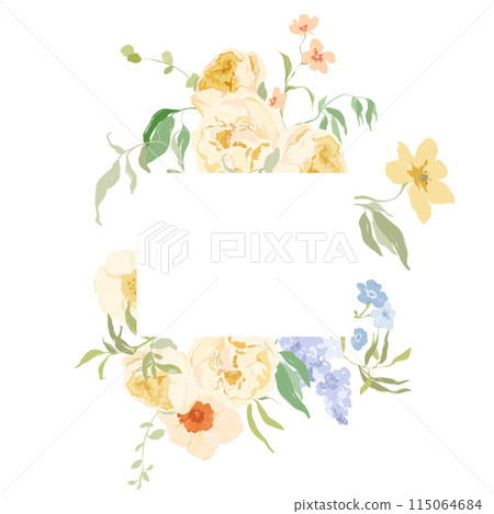 Watercolor abstract flower frame of forget-me-not, peony and lilac. Hand drawn border of wildflowers isolated on white background. Holiday Illustration for design, print, fabric or background. Watercolor abstract flower frame of forget-me-not, peony and lilac. Hand drawn border of wildflowers isolated on white background. Holiday Illustration for design, print, fabric or background. 115064684