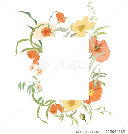 Watercolor abstract flower frame of poppy, tulip and narcissus. Hand drawn border of wildflowers isolated on white background. Holiday Illustration for design, print, fabric or background. Watercolor abstract flower frame of poppy, tulip and narcissus. Hand drawn border of wildflowers isolated on white background. Holiday Illustration for design, print, fabric or background. 115064685